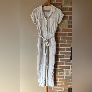 Shop Stevie jumpsuit cream linen neutral medium collared button short sleeve
